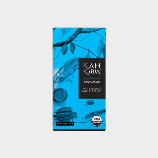 50g bar of Kah Kow 62% Cacao dark chocolate.