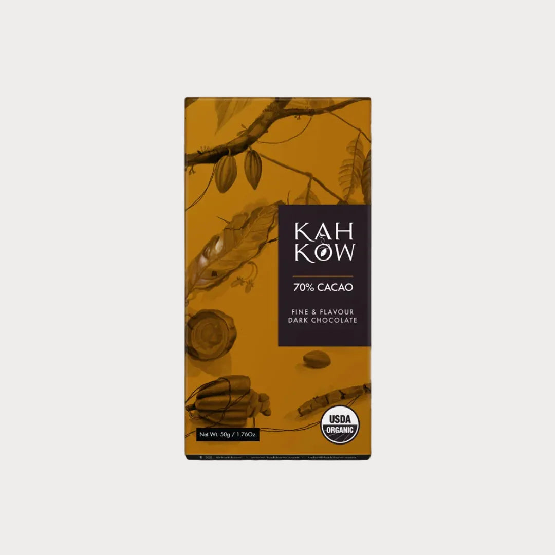 A 50g bar of Kahow 70% Cacao dark chocolate.