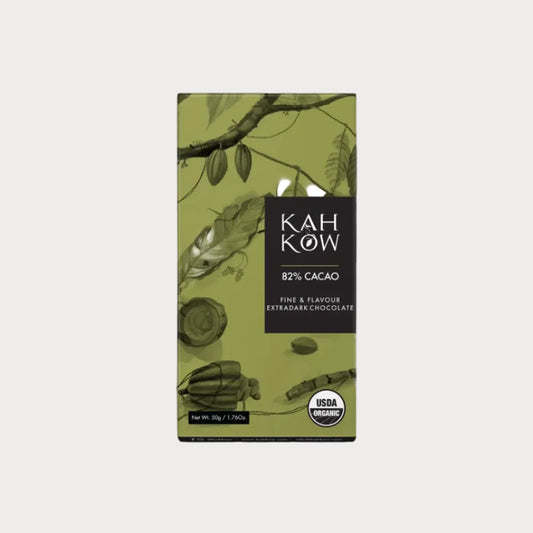 A bar of Kahow 82% Cacao chocolate.
